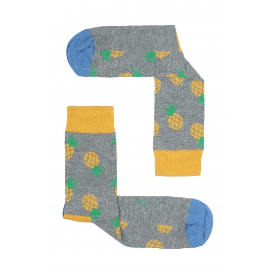 Ananas Desenli Gri Pamuklu Çorap