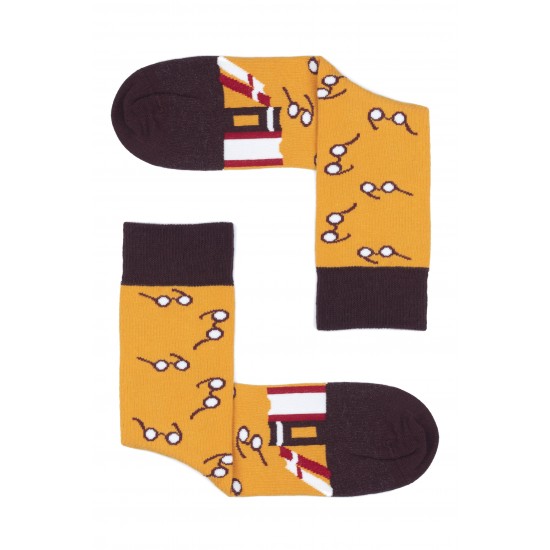 Gözlük Desenli Sarı Mor Pamuklu Çorap 