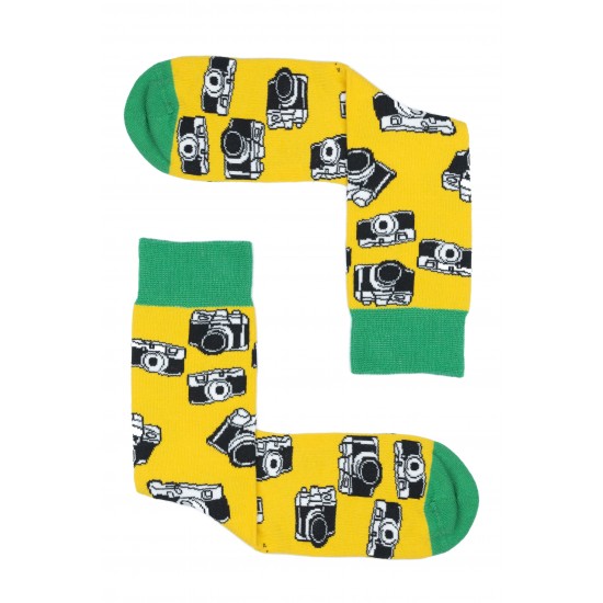 Fotoğraf Makinesi Desenli Sarı Pamuklu Çorap