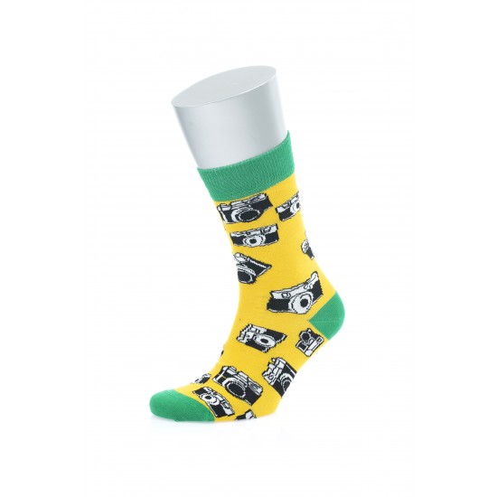 Fotoğraf Makinesi Desenli Sarı Pamuklu Çorap